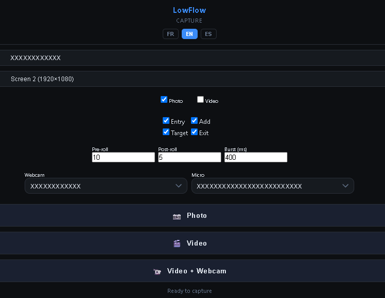 LowFlow Capture window: screen choice, photo, video, webcam and microphone