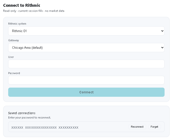 LowFlow journal Rithmic page: system, gateway, credentials and saved connections