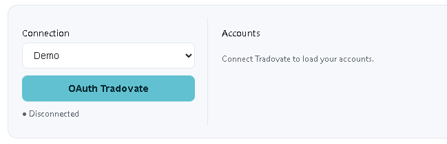 LowFlow journal Tradovate page: OAuth connection, Demo environment