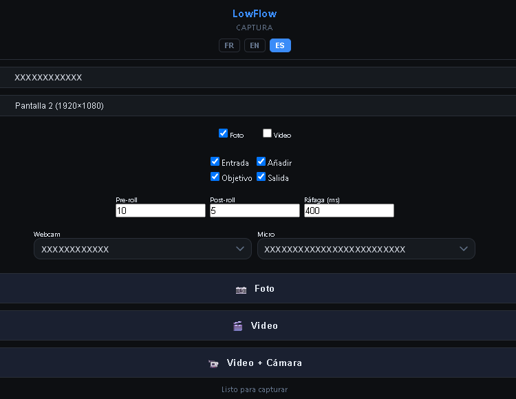 Ventana LowFlow Captura: elección de pantalla, foto, vídeo, webcam y micrófono