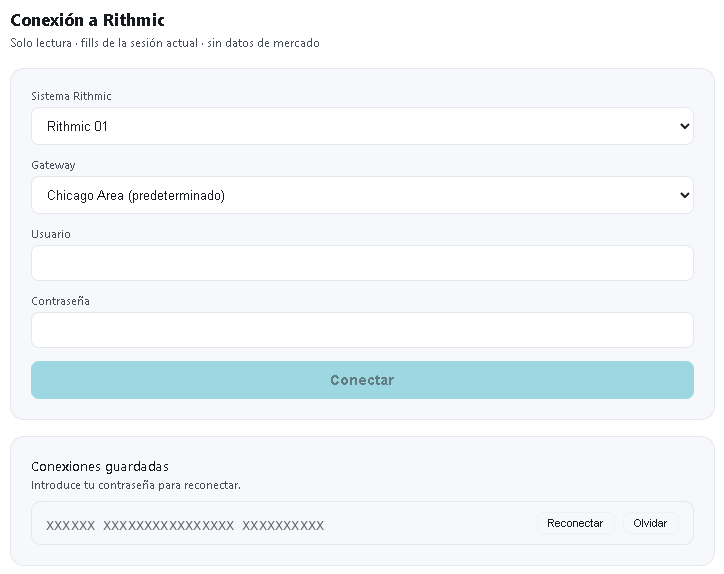 Página Rithmic del diario LowFlow: sistema, gateway, credenciales y conexiones guardadas