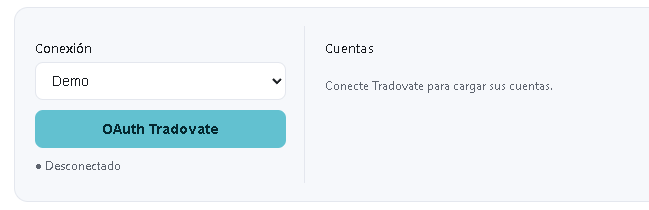 Página Tradovate del diario LowFlow: conexión OAuth, entorno Demo