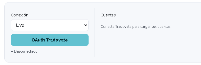 Página Tradovate del diario LowFlow: conexión OAuth, entorno Live