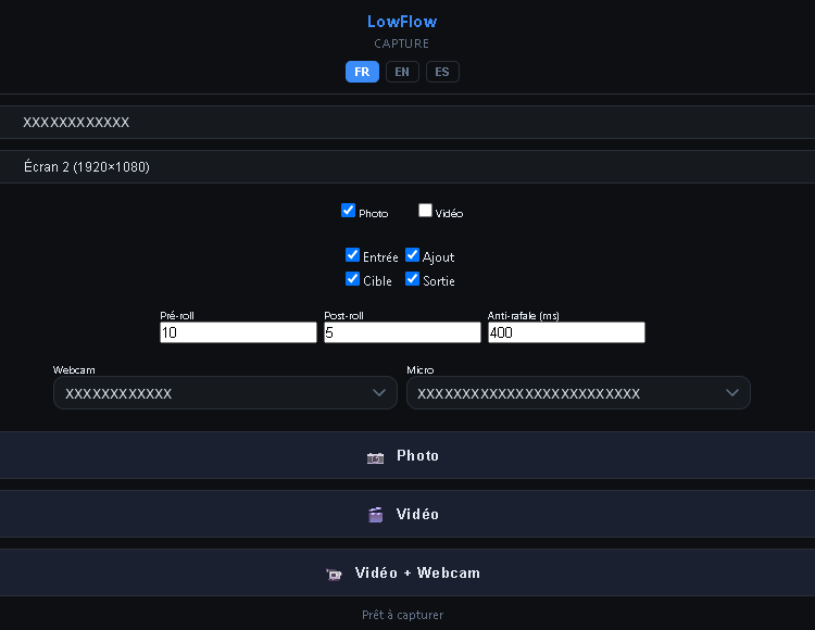 Fenêtre LowFlow Capture : choix de l’écran, photo, vidéo, webcam et micro