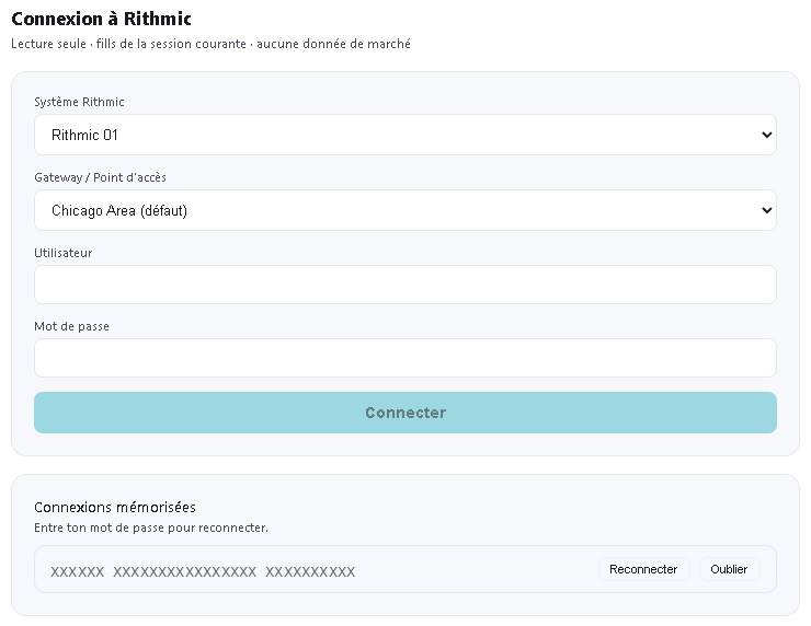 Page Rithmic du journal LowFlow : système, passerelle, identifiants et connexions mémorisées