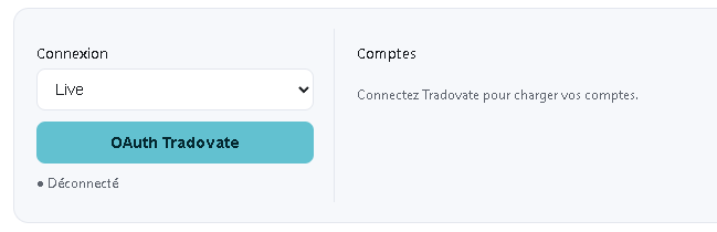 Page Tradovate du journal LowFlow : connexion OAuth, environnement Live